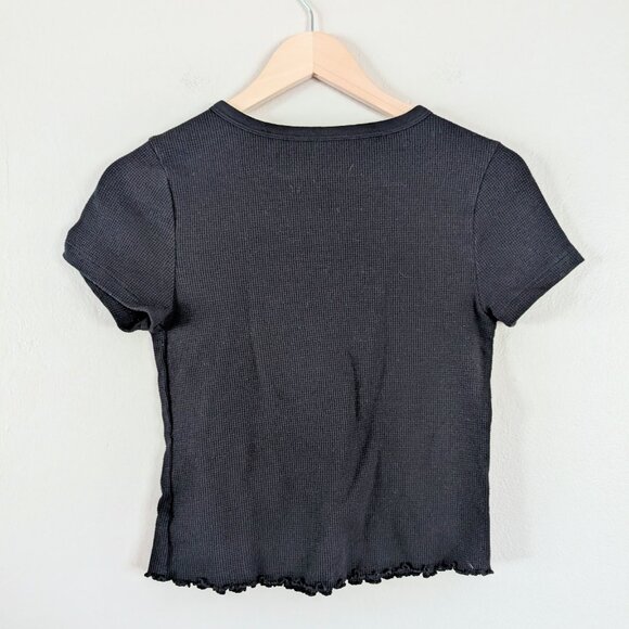 Slim Fit Scallop Hem Waffle Knit Baby Tee Black Crew Neck Cotton Poly Women's M - Picture 7 of 7